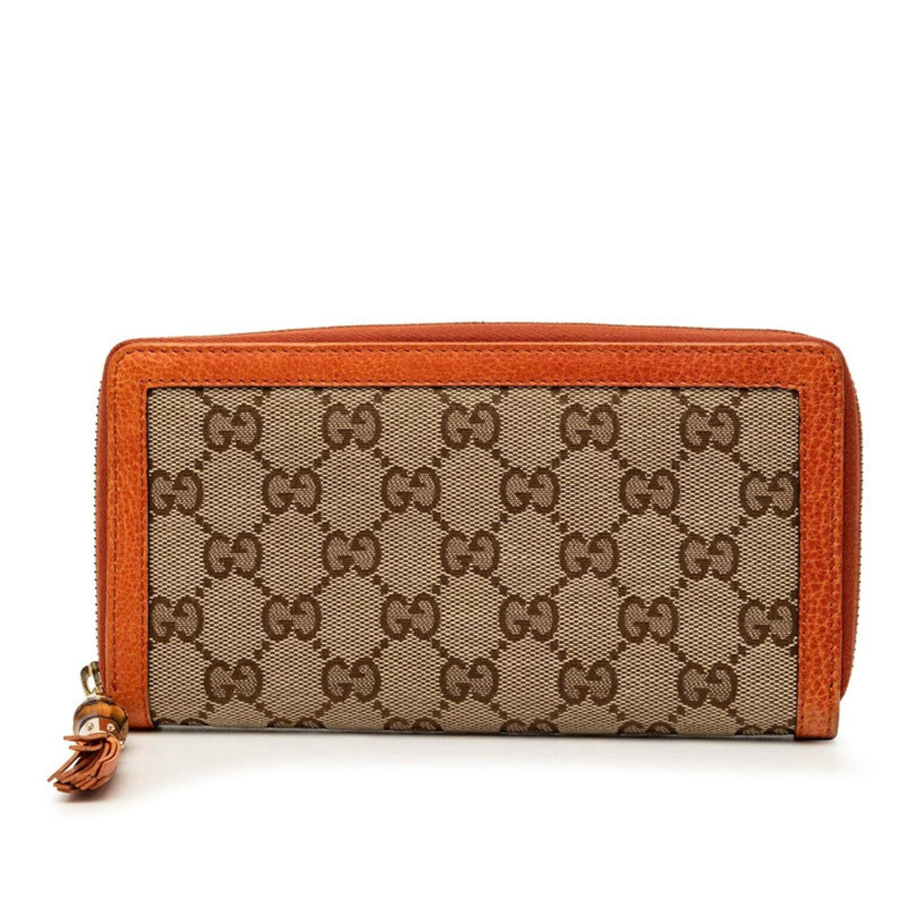 Gucci GG Bamboo Zip Long Wallet Tassel Orange Beige Cream Leather